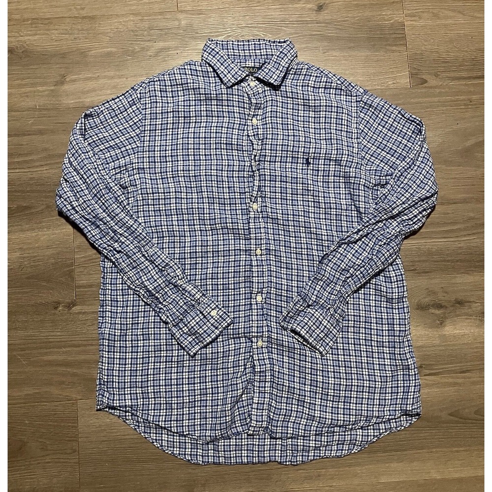 Polo Ralph Lauren Linen Shirt Men's Size XL Long Sleeve Blue White Checkered